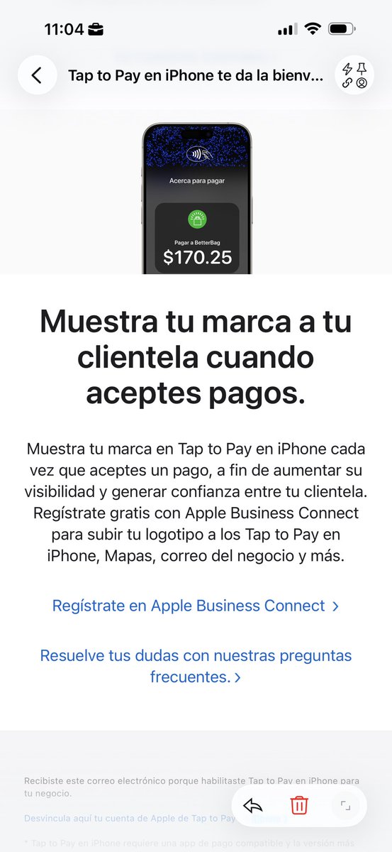 😮 Correo que te llega tras habilitar Tap to Pay con tu Apple ID para tu negocio
