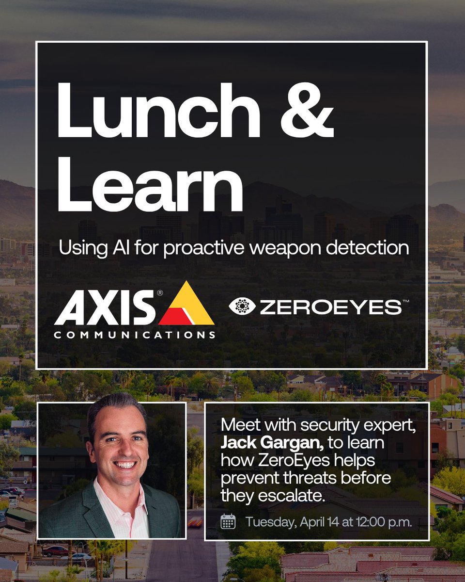 ZeroEyesAI's tweet image. An event worth putting on your calendar 👇

Join us Tuesday, April 14, at 12:00 p.m. at the @AxisIPVideo Experience Center in Phoenix for a Lunch and Learn with live demos and a real-world look at visual gun detection.

Register here: hubs.ly/Q0486dHx0

#LunchandLearn