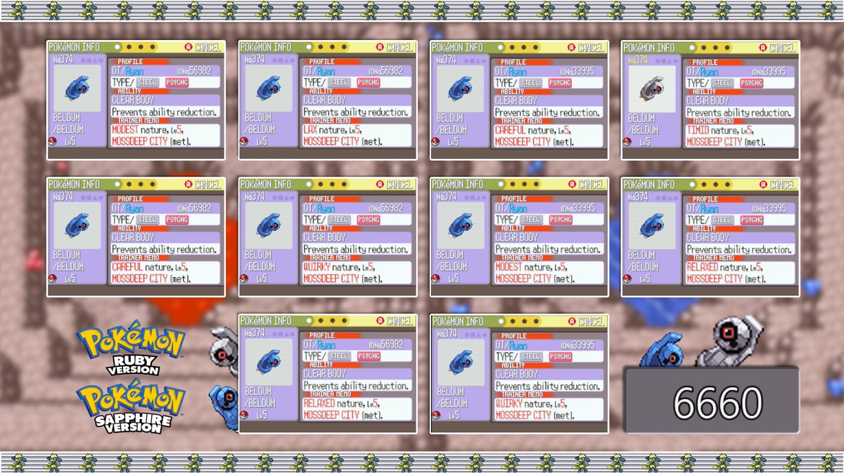 XortaClanc's tweet photo. 🌟 Shiny Steven's Beldum🌟

After 6654 encounters in Pokémon Sapphire

I have recently been lucky enough to be able to expand my setup to 10 systems and these encounters are blazing fast.

This entire hunt was started and ended just today! https://t.co/cRnf2Ft1D4