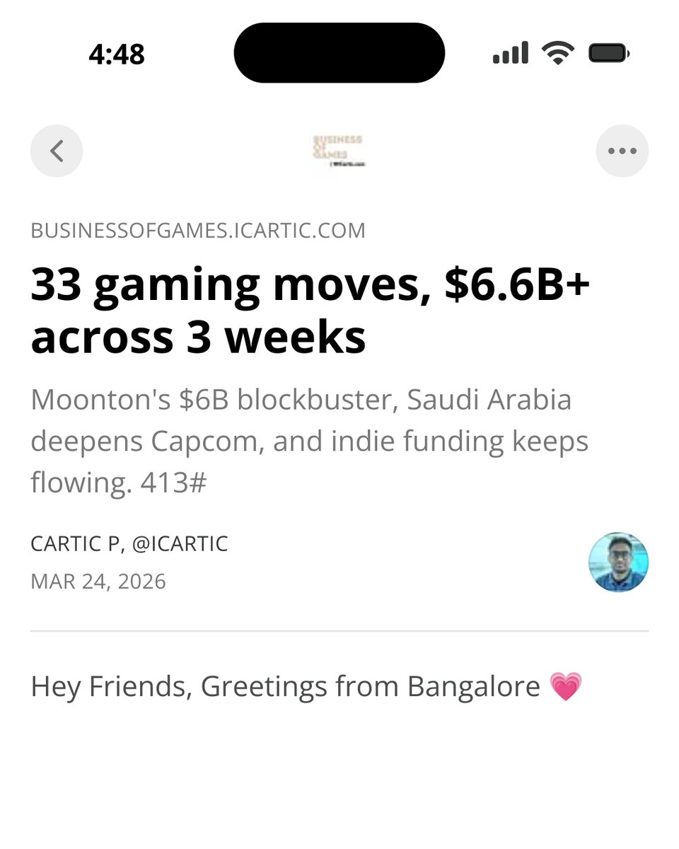 iCartic's tweet image. 33 gaming moves. $6.6B+ in 3 weeks of March 
$16M (W1) → $397M (W2) → $6B (W3)

W1 → Vento $4M, Antihero $4.5M, Cheer $4.5M, Minit $2M 
W2 → Hasbro's $400M debt offering 
W3 → ByteDance sells Moonton to Savvy

Full roundup → businessofgames.icartic.com/p/33-gaming-mo…

#gaming #gamedevelopment