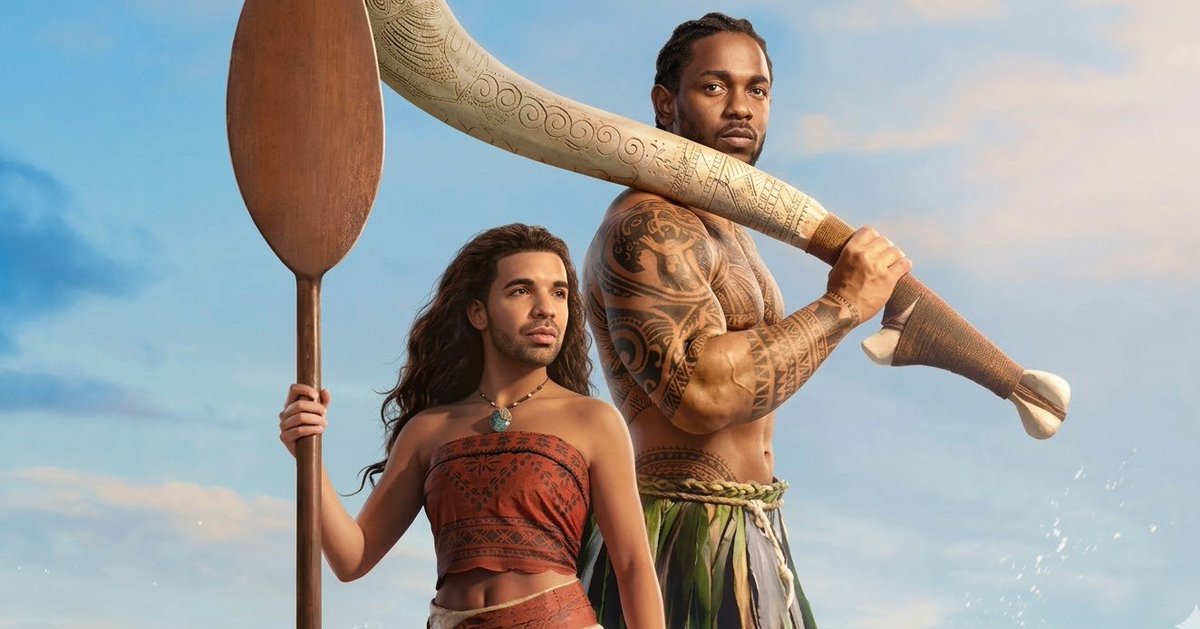 hfrpodcast's tweet image. First look at Drake and Kendrick as Moana and Maui in the live-action ‘MOANA’ remake.