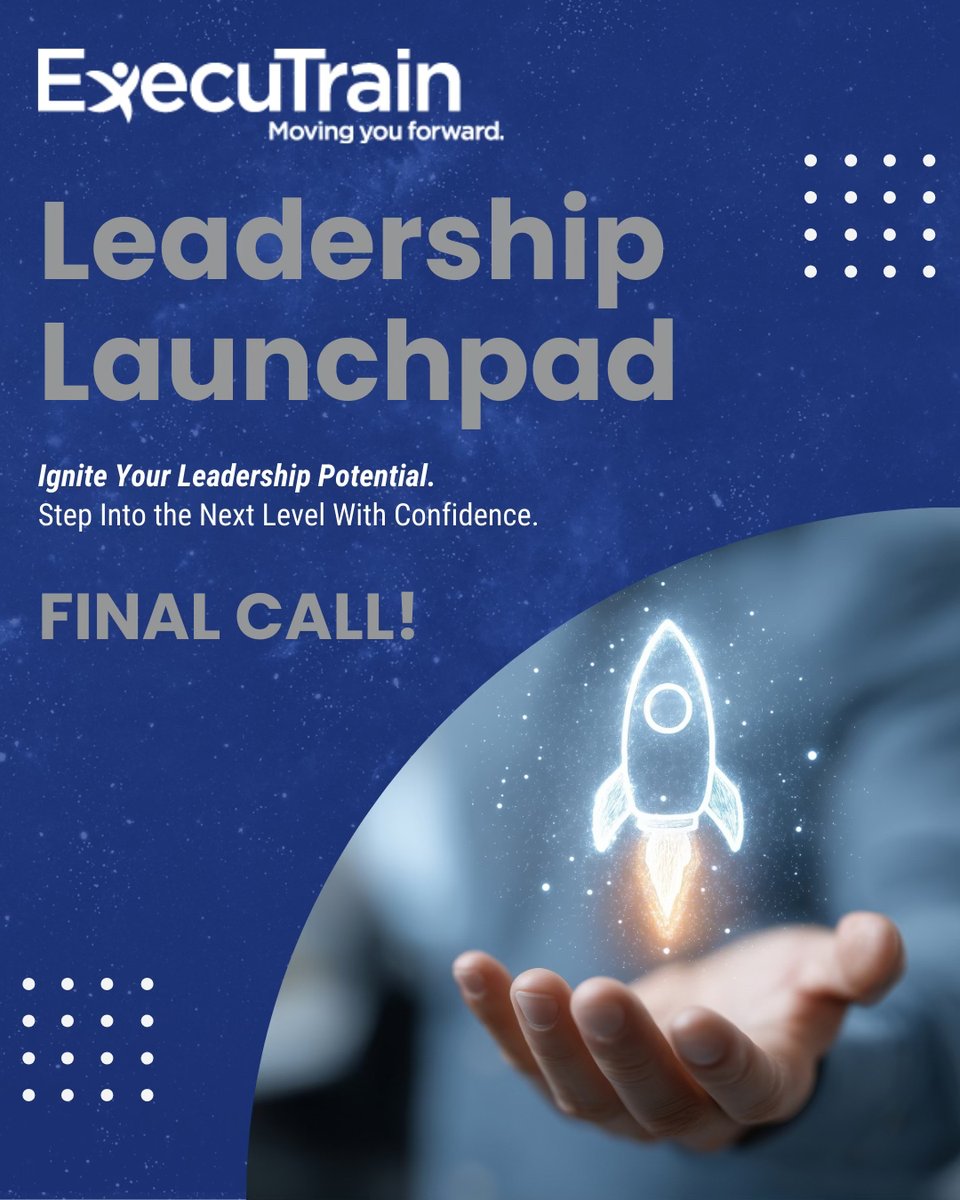 ExecuTrainUSA's tweet image. Final call for Leadership Launchpad ⏳

Build the skills to lead with confidence - not guesswork.

Save your spot: executrain.com/leadership-ser…

#Leadership #ExecuTrain #ProfessionalDevelopment #KeepLearning