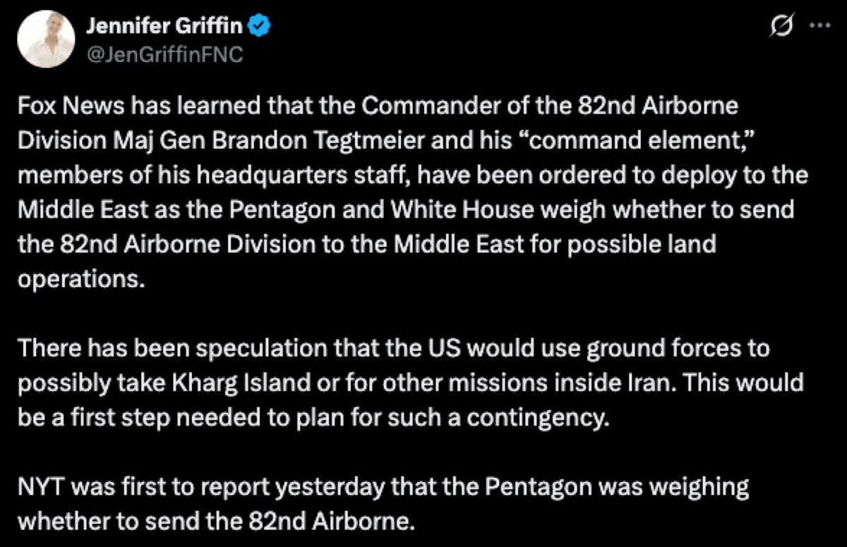 تقارير: قائد وهيئة أركان الفرقة 82 المحمولة جوا يتلقون أوامر بالاستعداد للانتشار في الشرق الأوسط
