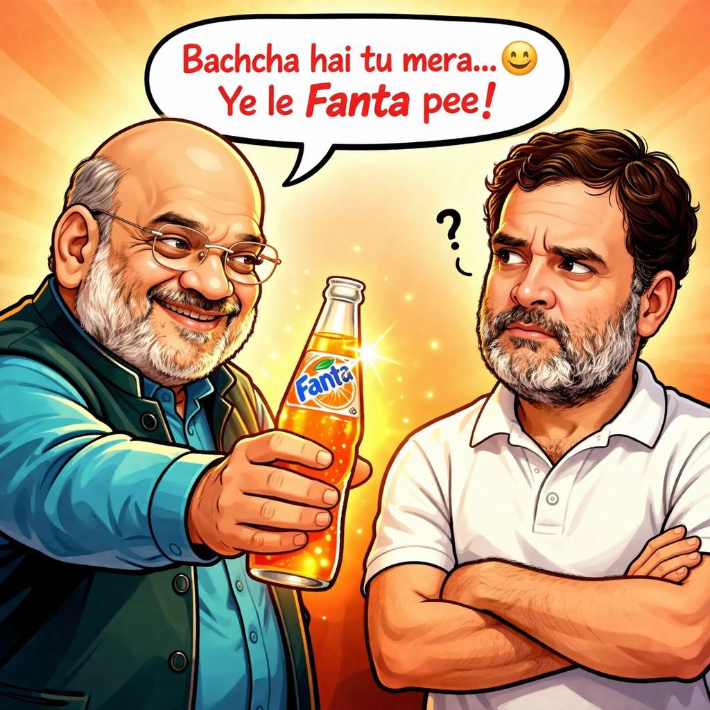 pallavict's tweet photo. Amazing creativity 😂😂😂

Amit Shah ji giving Fanta to his BEST AGENT in CONgis - Dhurandhar Rahul Gandhi, who’s lead CONgis to 95 defeats 😂😂😂

#Dhurandhar2‌TheRevenge 🔥🔥 https://t.co/SyWv7xdoLG
