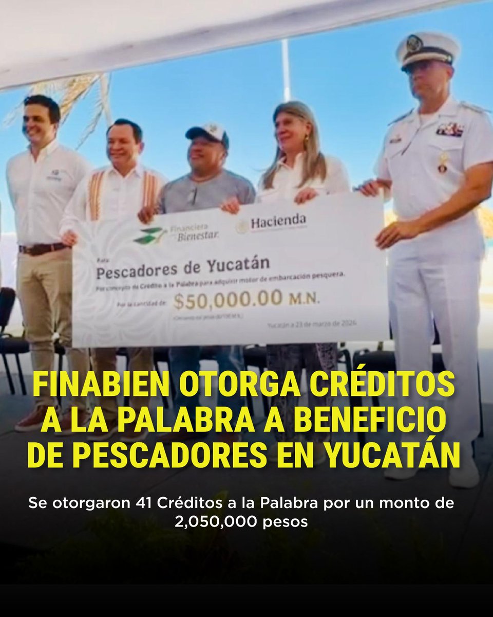 FinabienMex's tweet photo. En coordinación con el @GobYucatan, en Progreso, #FINABIEN entregó 41 Créditos a la Palabra para la adquisición de motores fuera de borda, fortaleciendo la actividad pesquera y mejorando las condiciones de trabajo de quienes viven del mar. ⚓🐟

La Directora General de Financiera para el Bienestar, Rocío Mejía Flores, destacó que estos apoyos se otorgan de manera directa, sin intermediarios, como resultado del trabajo conjunto entre el @GobiernoMX y el Gobierno del Estado. ✨

Con una inversión de más de 2 millones de pesos, impulsamos la seguridad, productividad y sustentabilidad del sector. 💙

Seguimos acercando financiamiento a quienes más lo necesitan, fortaleciendo las economías locales en todo el país. 🇲🇽

Para mayor información visita:
https://t.co/D6aP3h1eSL