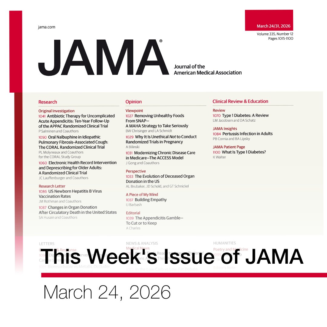 JAMA_current's tweet image. 📌 Editor’s Choice from this week's issue of JAMA:

➡️ #Antibiotic Therapy for Uncomplicated Acute #Appendicitis,
➡️ Electronic Health Record Intervention and Deprescribing for Older Adults,
➡️ Type 1 #Diabetes, and more.

ja.ma/4rWaa4x