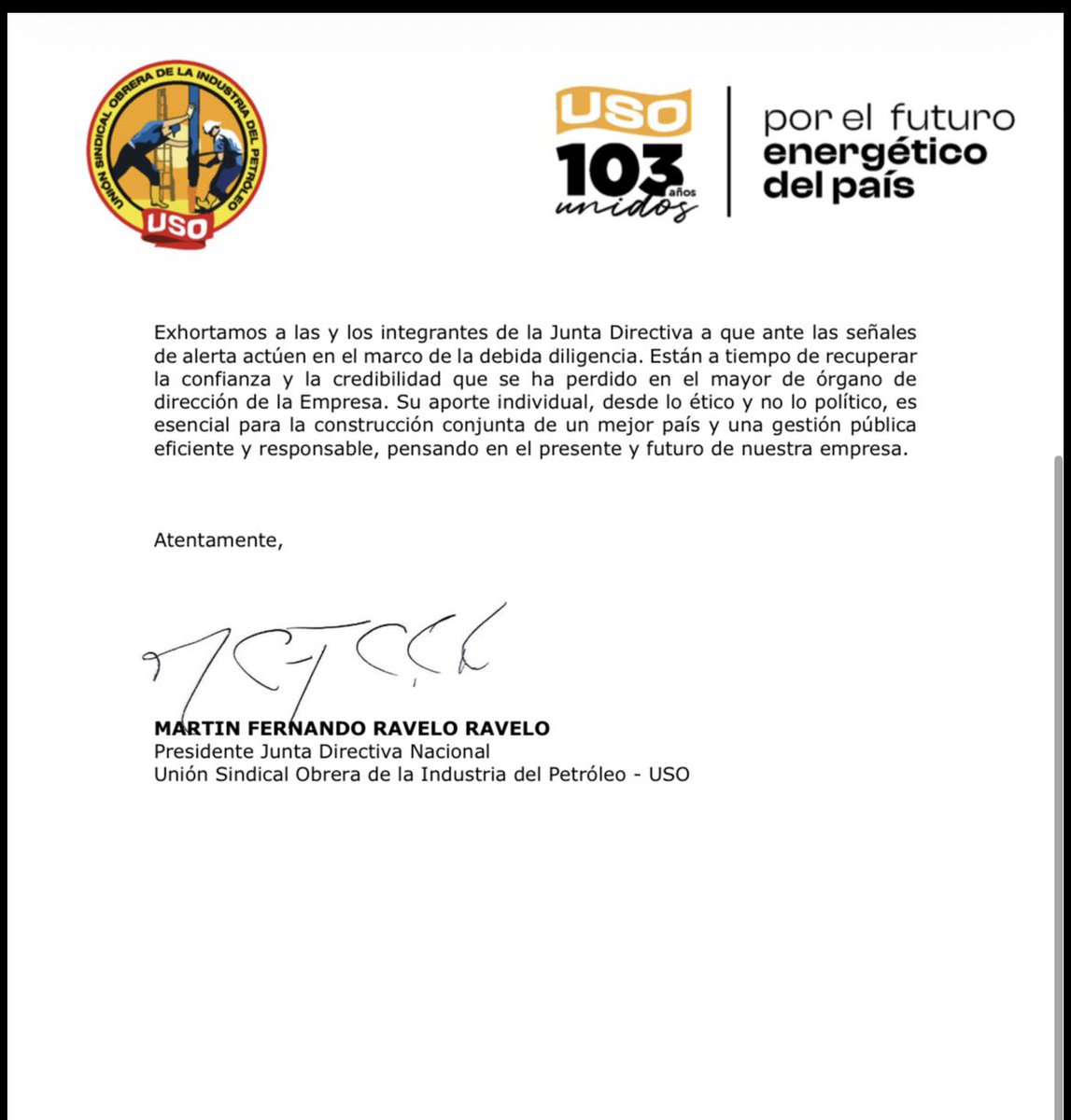 La <a href="/usofrenteobrero/">USO Colombia</a> le vuelve a pedir  a la Junta de <a href="/ECOPETROL_SA/">Ecopetrol</a> apartar a Ricardo Roa: advierte deterioro reputacional, caída en rankings y riesgos legales por los cuestionamientos en su contra. Si no hay decisión, anuncian movilización nacional.  

👇🏻