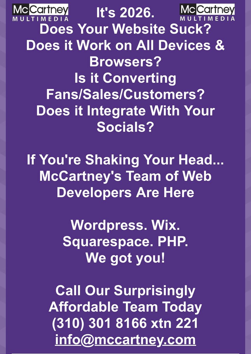 nethercutt's tweet image. Need a new #website that is 2026 compatible? info@mccartney.com We got your six! 310-301-8166 xtn 221 #wordpress #squarespace #wix #php #manus and more…