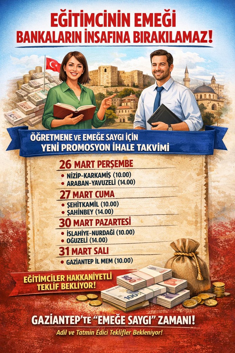 Öğretmenlerle alay edercesine teklifler sunmayın lütfen. 2 ihale kabul edilmedi 3. İhale olacak bu. En az 100 bin verin de değsin bari. Diğer bütün illerde bu civarda teklifler var. 
<a href="/Halkbank/">Halkbank</a> <a href="/isbankasi/">İş Bankası</a> <a href="/ziraatbankasi/">Ziraat Bankası</a> <a href="/Akbank/">Akbank</a> <a href="/VakifBank/">VakıfBank</a>
Gaziantep Şahinbey promosyon