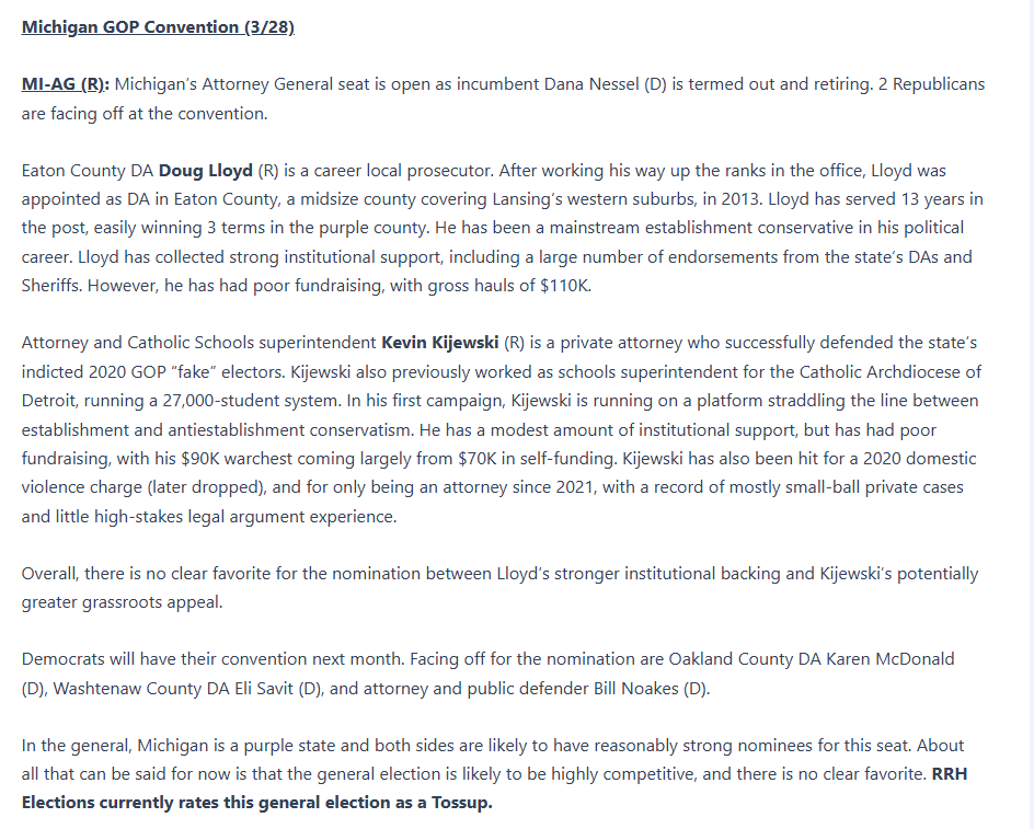 RRHElections's tweet photo. This weekend, the Michigan GOP convention will determine nominees for #MIAG and #MISoS. We preview the races here: https://t.co/5ADVfGhGr9 https://t.co/oOBY9aOXO1