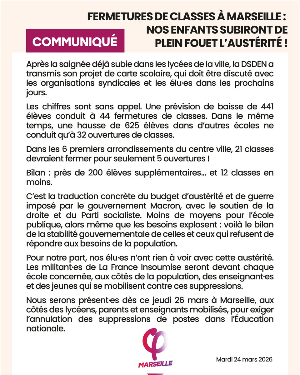 MarsInsoumise's tweet photo. 🟣 Fermetures de classes à Marseille : nos enfants vont subir de plein fouet l’austérité ! 

Contre les politiques de pillage qui  sacrifient l’école publique, nous appelons à la mobilisation ce 26 mars à Marseille. Notre communiqué 👇 https://t.co/jFYjklf5hs