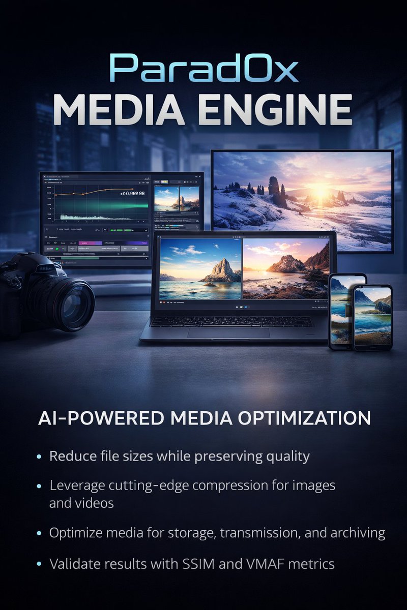 Parad0x_Labs's tweet photo. Parad0x Media Engine is built for both everyday users and technical operators.

It makes real images and video dramatically smaller while preserving resolution by default, which means faster uploads, less storage use, easier sharing, and cleaner archiving for general users. 

For advanced users, it adds validation-backed compression with SSIM/VMAF quality checks, explicit operating modes, public-standard outputs, and machine-readable JSON for automation, benchmarking, and production workflows.

That’s the broader Parad0xLabs thesis in one product:
useful software for normal people, but engineered deeply enough for serious pipelines.

Current public tools available through Parad0xLabs:

• parad0x-media-engine: validation-backed media optimization for images and video

• liquefy-openclaw-integration: local-first vaulting, verification, search, and audit for agent runs

• dna-x402: Solana payment rails for AI agents

• nulla-hive-mind: decentralized AI agent swarm with persistent memory and P2P knowledge sharing

• Parad0x-Command: local-first desktop command and system control surface

• Dark-Null-Protocol: Solana privacy-settlement stack with proofs, SDKs, and integration docs

• Parad0x-Compress-Solana-Mobile: Parad0x Compress for Solana Mobile

*Parad0x Compress is also available for Android/Apple.

Help yourself ! 👇
https://t.co/t5TN3o3KPt

#Parad0xLabs #MediaCompression #VideoOptimization #ImageCompression #AIInfrastructure #Solana #DePIN #PrivacyTech #Web0
