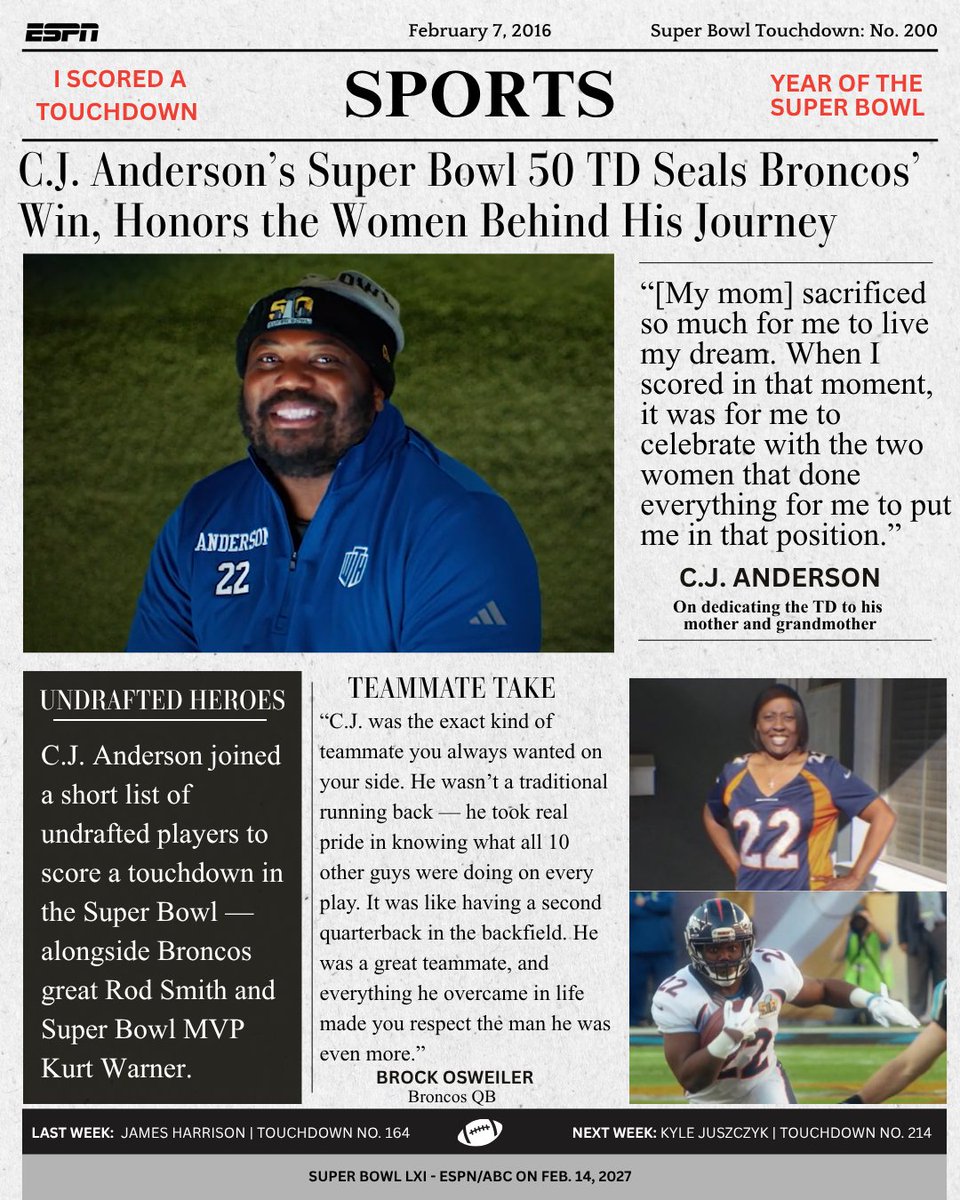 ESPNPR's tweet photo. From undrafted to unforgettable 🏆

In the latest 'I Scored a Touchdown,' part of ESPN’s 'Year of the Super Bowl' initiative, C.J. Anderson (@cjandersonb22) reflects on his Super Bowl 50-clinching TD &amp; honors the women who made his journey possible

🔗 https://t.co/ZfinFD4a3p https://t.co/cZQMHCfsdN