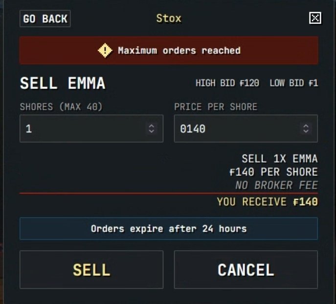 JobeHolder's tweet photo. BREAKING NEWS ONLY I GIVE A SHIT ABOUT
New limit on total Stox orders, whether buying or selling you are limited to a total of 10 orders.
Or I just didn't notice until I tried to get my hands off all this EMMA.
JD is still ridiculously undervalued.
#fishtanklive #stox https://t.co/HHvjq9dWSp