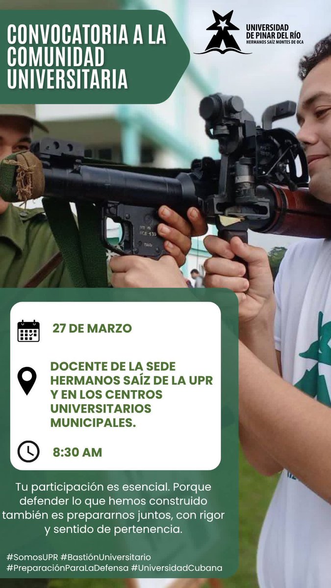 oficial_upr's tweet photo. 📣Convocatoria a la comunidad universitaria

👉El próximo 27 de marzo, nuestra universidad se convierte en bastión de preparación y unidad. 

#ComunidadUPR #SomosUPR #OrgulloUPR #BastiónUniversitario #PreparaciónParaLaDefensa #UniversidadCubana https://t.co/ASnVv6OPOH