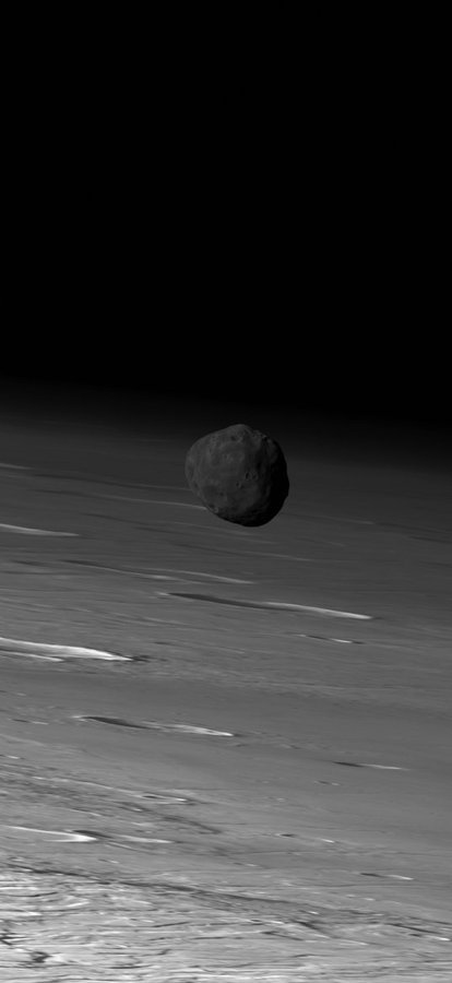 Rainmaker1973's tweet photo. This iconic (and real) picture of Phobos over Mars' limb, was taken by ESA's Mars Express HRSC Today in 2010. https://t.co/jc6ngeOhwI