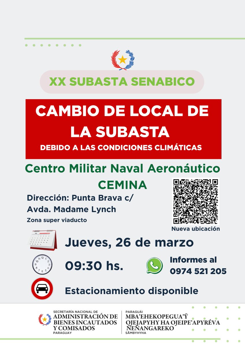 📢 Aviso importante!!!

Debido a las condiciones climáticas previstas para este jueves, día de nuestra subasta, se determinó el cambio de local para el mejor desarrollo de nuestra jornada. 

📍Los  esperamos en el CEMINA

📱Escanea el QR para acceder a la dirección por GPS