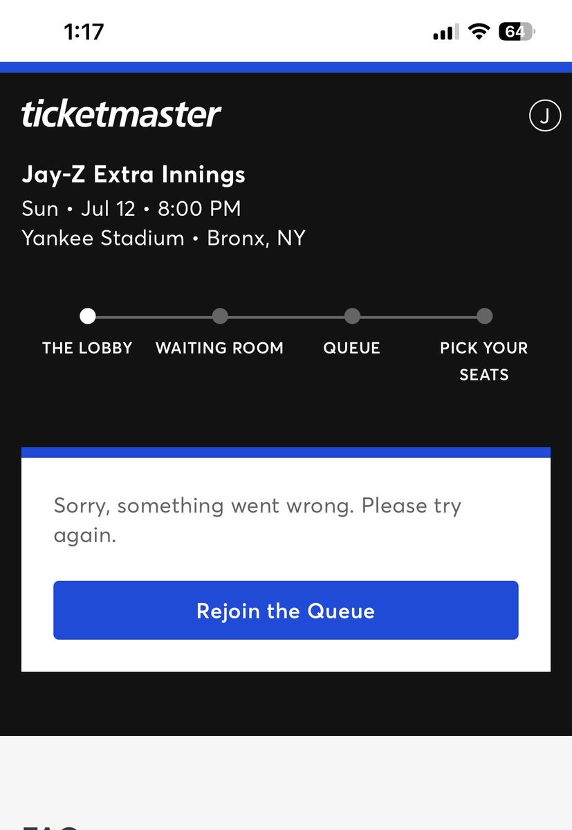 mimi_dot_com's tweet photo. Are you serious @Ticketmaster @LiveNation?? Only 15 thousand in front of me and when it’s time to enter and pick tickets, I get this!!! @sc do something 🤣
#jayz #YankeeStadium #HOV #Ticketmaster https://t.co/3D5SL9g8HW