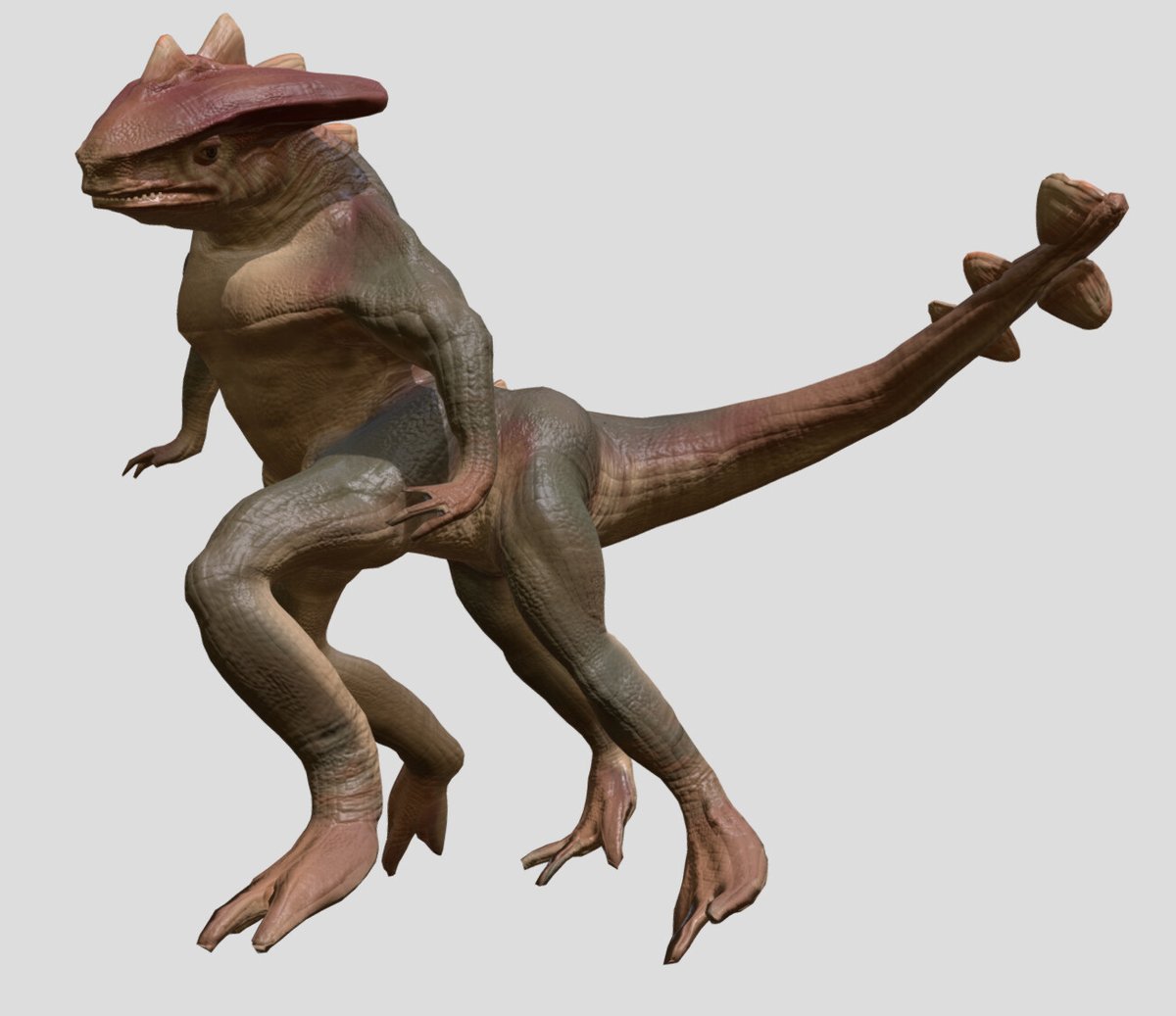 MoonlitLamps's tweet photo. A mixed quadrupedal and humanoid lizard alien for my college finals. 

Made from scratch, drawn from 2D concept art and polygon modeled, sculpted,  retopologized, UV mapped, baked meshes, and painted in a combination of 3D software. https://t.co/qJXuJHlKMN