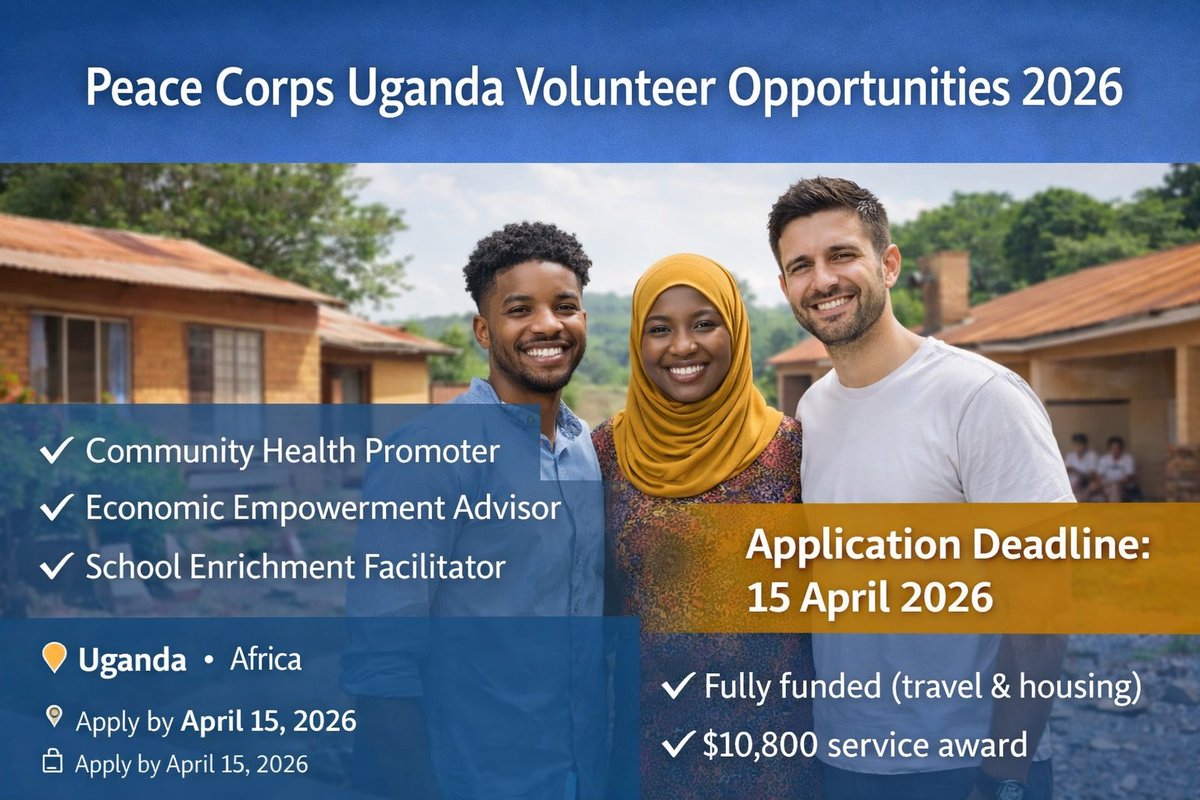 opportunitiesfy's tweet image. 🌍✨ Peace Corps Uganda 2026 is OPEN!
3 roles: Health 🩺 | Business 💼 | Education 📚
✨ Fully funded
💰$10,800 award
🌍Global experience
📅 April 15, 2026
🔗 wp.me/p23f03-kay
💡 Tip: Show passion for community impact
#PeaceCorps #Volunteer #GlobalImpact #Africa