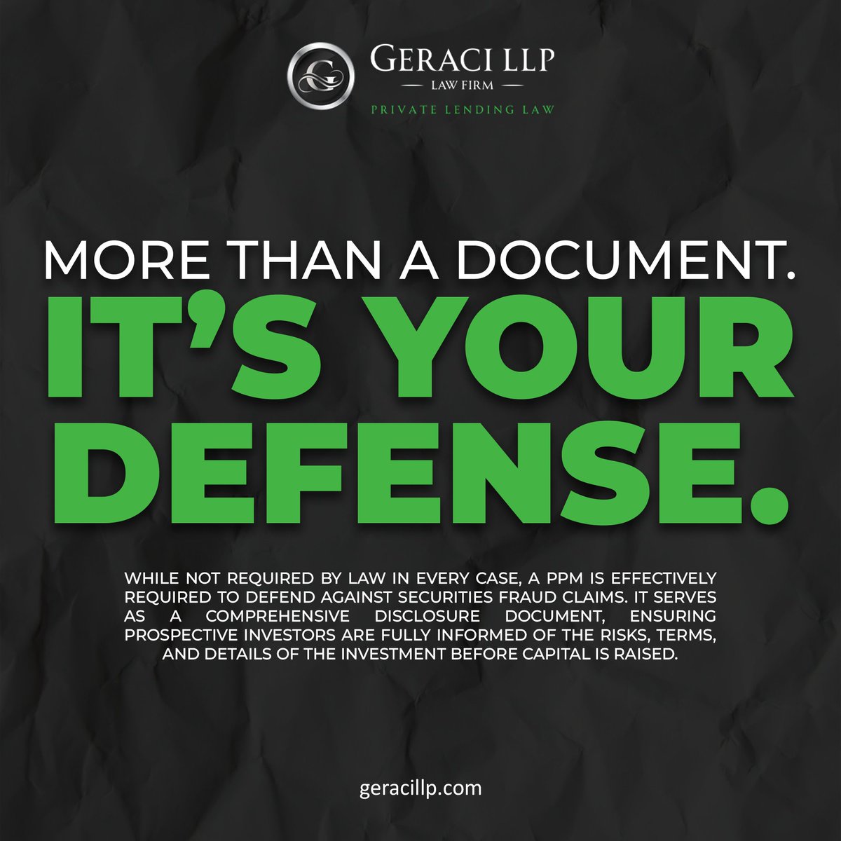 GeraciLLP's tweet photo. ⚖️Raising Capital Without a PPM? That’s a Risk You Don’t Want to Take.

If you're offering investment opportunities in a private fund or lending operation, a Private Placement Memorandum (PPM) is your first line of defense.

This isn’t just paperwork — it’s what protects you when deals don’t go as planned.

📄 What does a PPM do?
It fully discloses your investment structure, strategy, and risks — so investors know exactly what they’re getting into (and you’re protected if things go sideways).

Who should have one?
Private lenders, real estate funds, mortgage funds, and anyone raising capital through private offerings.

Most offerings fall under Reg D (506(b) or 506(c)) — meaning you can raise capital without SEC registration, but only if you follow strict rules (and typically work with accredited investors).

💡 Bottom line:
A strong PPM doesn’t just check a box — it builds credibility, sets expectations, and protects your business.

At Geraci LLP, we help private lenders and fund managers structure compliant, defensible offerings from day one.

📩 Don’t leave your capital raise exposed. Let’s get it done right.
Call us at (949) 403 - 3488 for more information.

#PrivatePlacement #PPM #PrivateLending #RealEstateFunds #CapitalRaising #SecuritiesCompliance #RegD #GeraciLLP