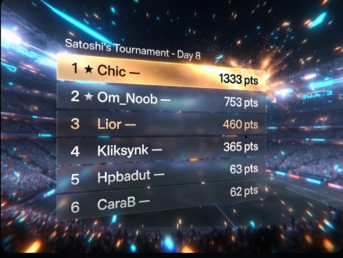 We’re deep in the tournament arc.
The pressure is rising.

The stadium lights are pulsing.
The crowd is loud.

Day 8 Standings 👇

🥇 Chic — 1333 pts
Silent. Untouchable.
Always at the top.
A legend in motion.

🥈 Om_Noob — 753 pts
From meme to menace.
A true comeback story.

🥉