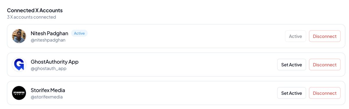 niteshpadghan's tweet photo. GhostAuthority now supports multiple X accounts.

One dashboard. All your accounts.

Personal brand.
Company handle.
Side project.

Post threads, schedule tweets, manage replies, without logging in and out multiple times a day.

We built this because I got tired of switching between accounts. 

Now it takes one click.

If you're managing more than one account, this changes everything.

Try it free → https://t.co/SATjhI2xun