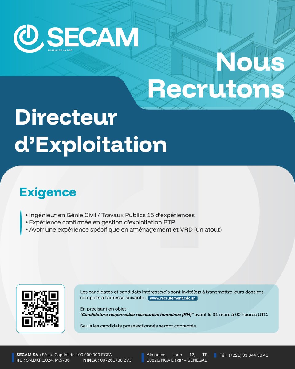 cdcsenegal's tweet image. La Caisse des Dépôts et Consignations (CDC) lance un appel à candidatures,
Les personnes intéressées sont invitées à remplir le formulaire en ligne via le lien ci-dessous :
recrutement.cdc.sn

#recrutement #CDC #emploiSenegal #senegal #Senegal2050