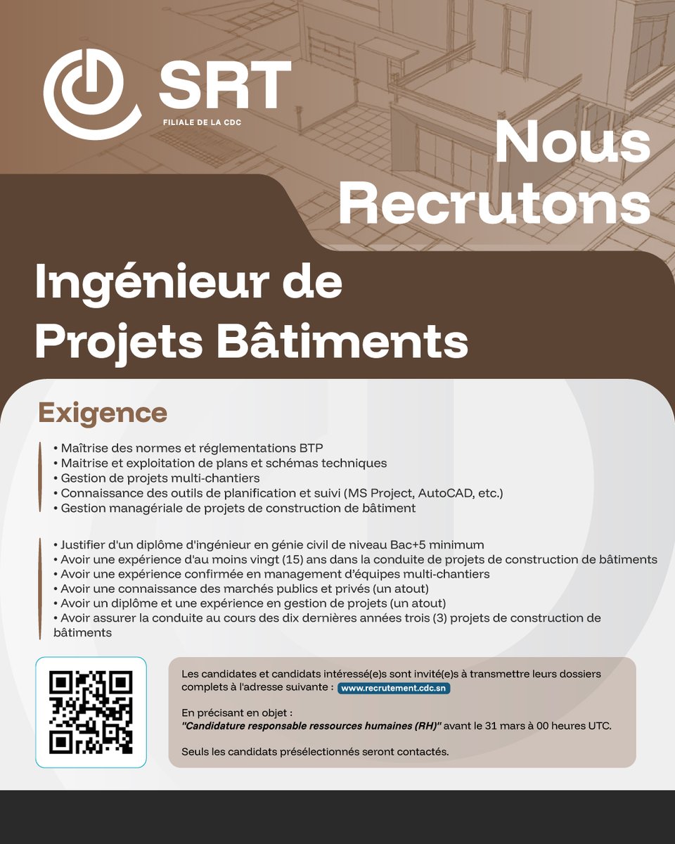 cdcsenegal's tweet image. La Caisse des Dépôts et Consignations (CDC) lance un appel à candidatures,
Les personnes intéressées sont invitées à remplir le formulaire en ligne via le lien ci-dessous :
recrutement.cdc.sn

#recrutement #CDC #emploiSenegal #senegal #Senegal2050