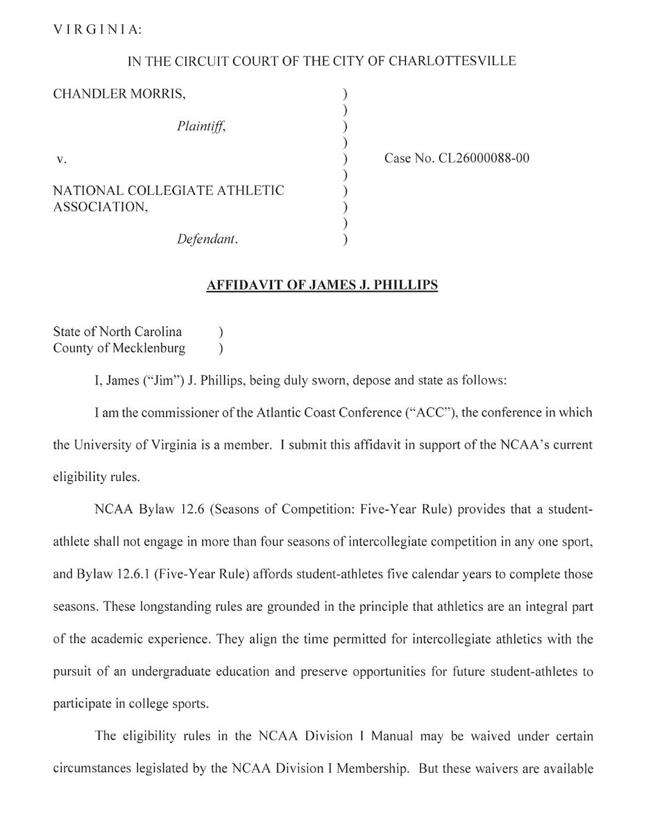 RossDellenger's tweet photo. In an NCAA filing in the Chandler Morris eligibility case, the association includes an affidavit from ACC commissioner Jim Phillips in support of the NCAA's eligibility rules. https://t.co/IH7JmQF4Mq