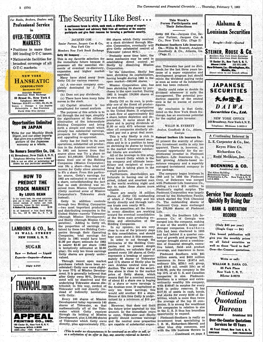 turtlebay_io's tweet photo. @ByrneHobart Also that NY Hanseatic ad.

Herb Wolfe was a sharp investor. Buffett even looked up to him. Wolfe was the one guy he said he’d invest with.

They were in some of the same investments in the 50s. https://t.co/Tmri3d8inn