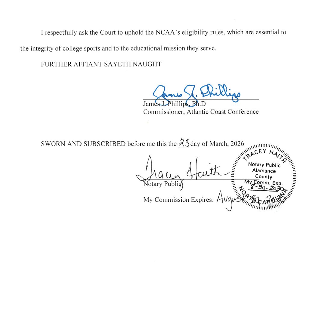 In an NCAA filing in the Chandler Morris eligibility case, the association includes an affidavit from ACC commissioner Jim Phillips in support of the NCAA's eligibility rules.