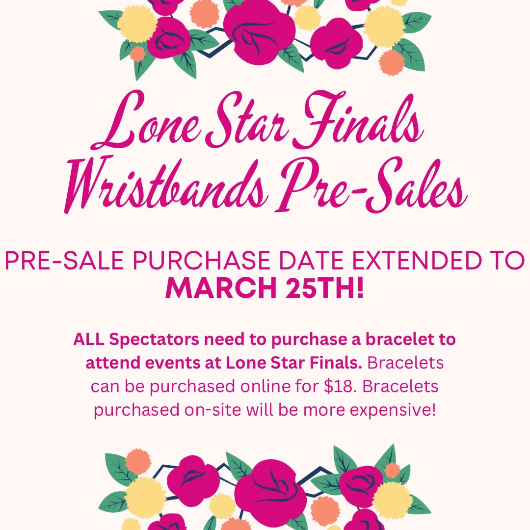 WeAreTexasDI's tweet photo. Don’t forget that LSF wristband pre-sales close WEDNESDAY! The price will go up at the tournament site &amp; there will be only 2 locations to purchase them at LSF. All LSF attendees, including team members, team managers, parents, &amp; spectators, MUST wear a wristband at all times. https://t.co/CpwsHsFkER