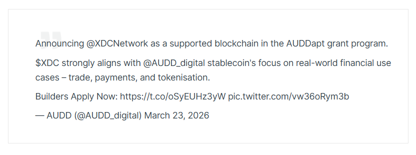 0xSynthChain's tweet photo. 🚨 Big Win for $XDC 🚨

$XDC joins the #AUDDapt_Grant_Program, unlocking funding for real-world payment &amp; finance apps. 💸

No hype, just real adoption. 🔥

👉 https://t.co/C35AJLBb8K

@XDCNetwork #RealWorldAssets #Bockchain #TradeFi https://t.co/25lPf8f3Ct