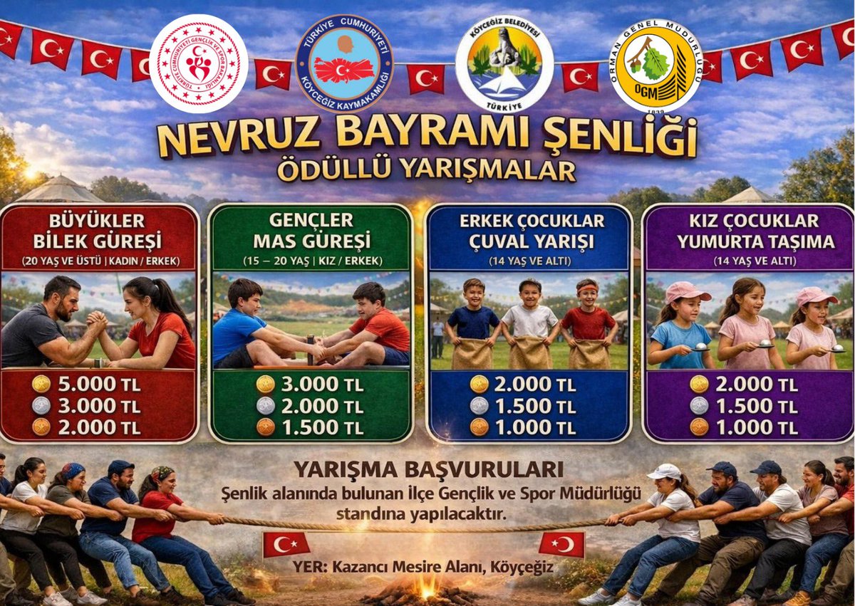 “KÖYCEĞİZ NEVRUZ BAYRAMI ŞENLİĞİ”

🔥 Baharın gelişi, birlik ve beraberliğin en güzel hali, kadim geleneğimiz Nevruz Bayramı’nı Köyceğiz’de coşkuyla kutluyoruz! 

🏆 Nevruz Bayramı Şenliğinde birbirinden heyecanlı yarışmalar sizleri bekliyor. Ailenizle, çocuklarınızla gelin; bu