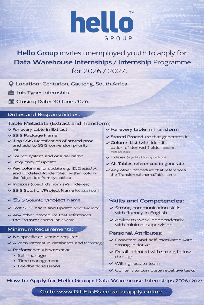 GILEJoBs_SA's tweet photo. Unlock Your Potential: Apply for Hello Group’s Data Warehouse Internships 2026 / 2027

Visit: https://t.co/EniFy01ChF for more details and to apply

Don’t miss out. Deadline is 30th June 2026 at 23:59

CV Revamp: https://t.co/tNSaVbOOUi 
📲 WhatsApp: https://t.co/I2cX4P0mY8
#Jobs https://t.co/zXcN9h81p1