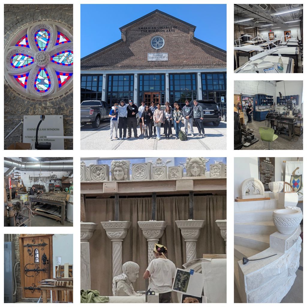 LexTechCenter's tweet photo. Building Construction II and Architecture II classes had a great visit to the American College of the Building Arts in Charleston! Students explored hands-on trades like woodworking 🪵,blacksmithing 🔨, &amp; stone carving 🪨, &amp; learned about careers in restoring historic buildings https://t.co/059KUsCJHC