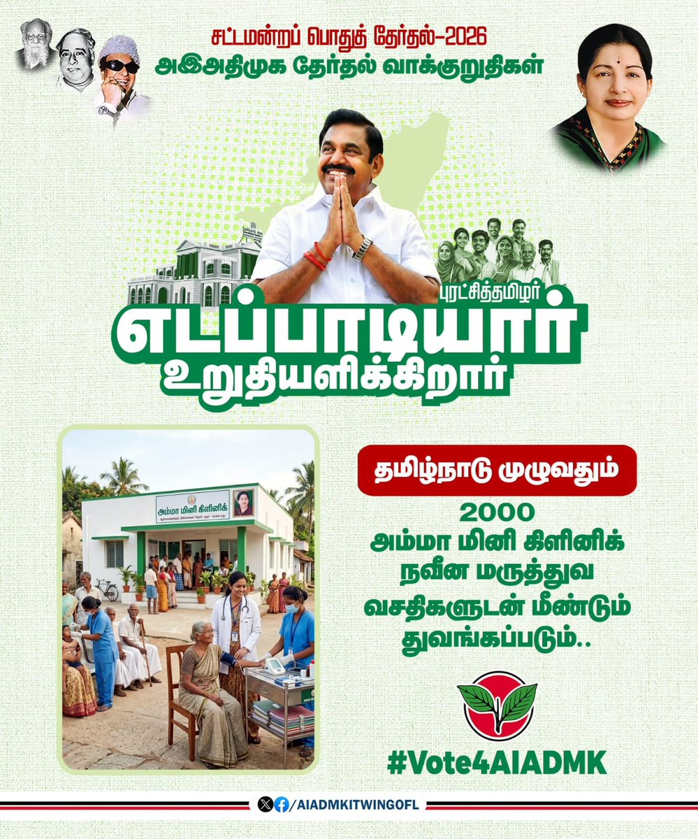 PriyaVP4's tweet photo. தமிழ்நாடு முழுவதும் துவங்கப்பட்ட சுமார் 2000 அம்மா மினி கிளினிக்குகள் நவீன மருத்துவ வசதிகளுடன் மீண்டும் துவக்கப்படும்

#அஇஅதிமுக_தேர்தல்அறிக்கை வெளியிட்டு மாண்புமிகு கழகப் பொதுச்செயலாளர் புரட்சித் தமிழர் @EPSTamilNadu அவர்கள் அறிவிப்பு 

#எடப்பாடியார்_உறுதியளிக்கிறார்

#ADMK_TRY https://t.co/IHkcepT3Qo