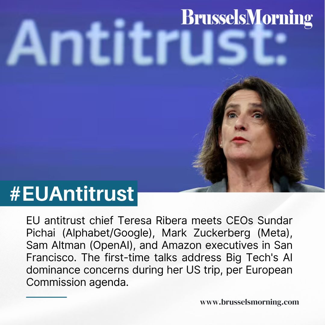 BrusselsMorning's tweet image. EU's Teresa Ribera meets Google, Meta, OpenAI, Amazon CEOs in San Francisco amid AI antitrust scrutiny. 

#BrusselsMorning #EUAntitrust #BigTechAI #Meta #Amazon #OpenAI

Read More: brusselsmorning.com