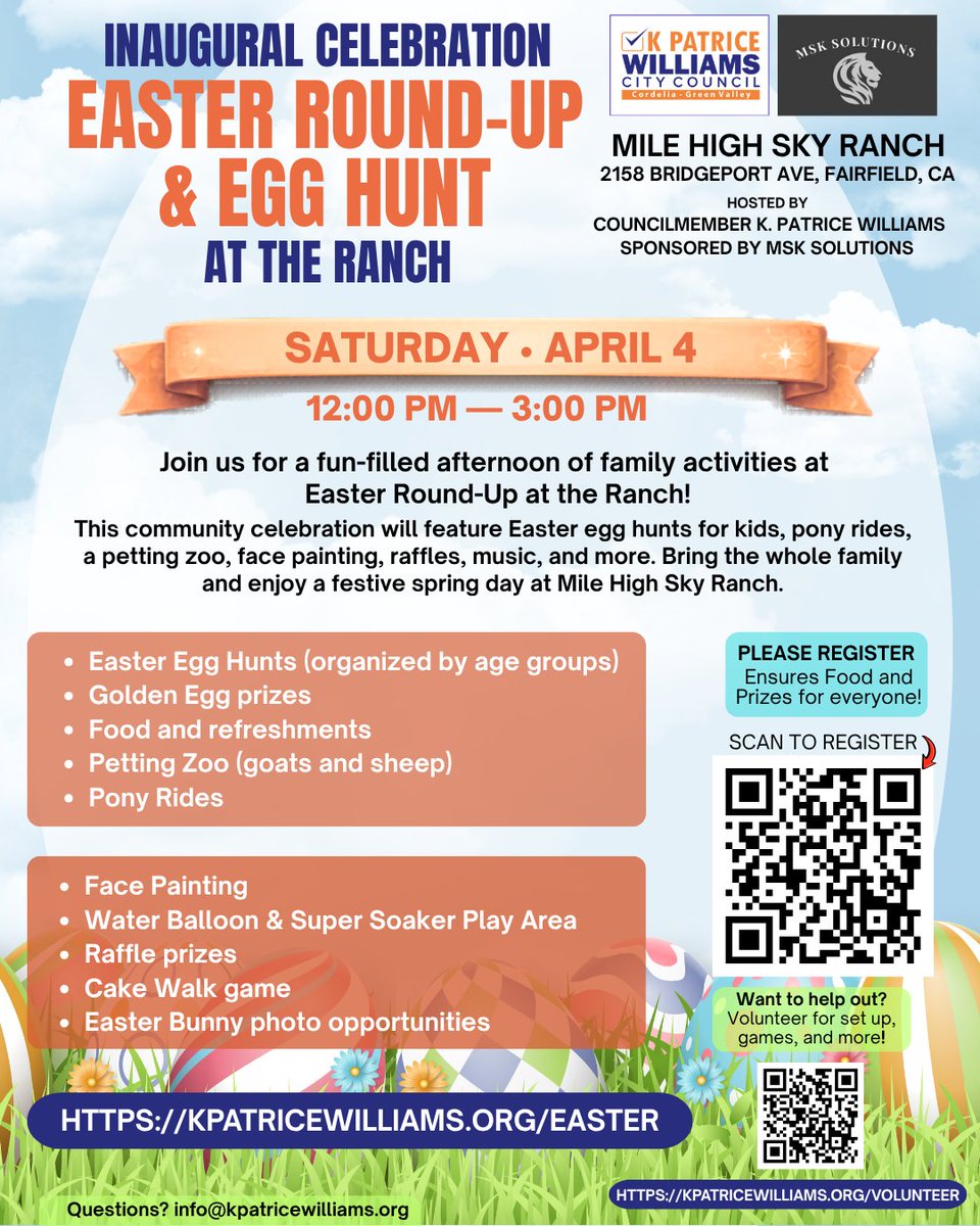 EmpowerSolano's tweet photo. Free Easter Round-Up &amp; Egg Hunt at the Ranch! 

Join Councilmember K. Patrice Williams for a fun-filled afternoon
Sat. 4/4  ∙ 12-3 PM
Mile High Sky Ranch ∙ 2158 Bridgeport Ave, Fairfield

RSVP: https://t.co/GDWkfYcqb5 

Egg Hunts, Prizes, Petting Zoo, Pony Rides, Food, &amp; More https://t.co/REs7imielS