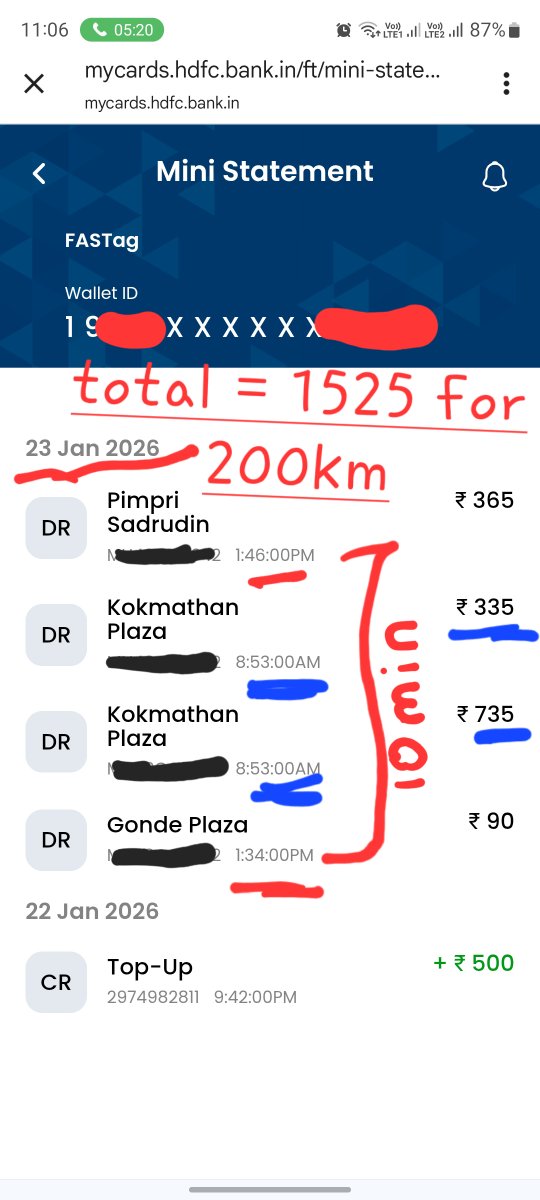 vikast1903's tweet photo. Can a suv cover 200km in 10min? Mine did. On 23-1-26, Toll plazas at Samrudhi Mahamarg charged ₹1525 for 200km. 2 Toll deducted at Shridi exit 735 &amp; 335. Complaint to @HDFC_Bank Fasttag and they say sorry. Any fool can see image spot wrong in it. @nitin_gadkari @NHAI_Official https://t.co/1QjHNmIpm5