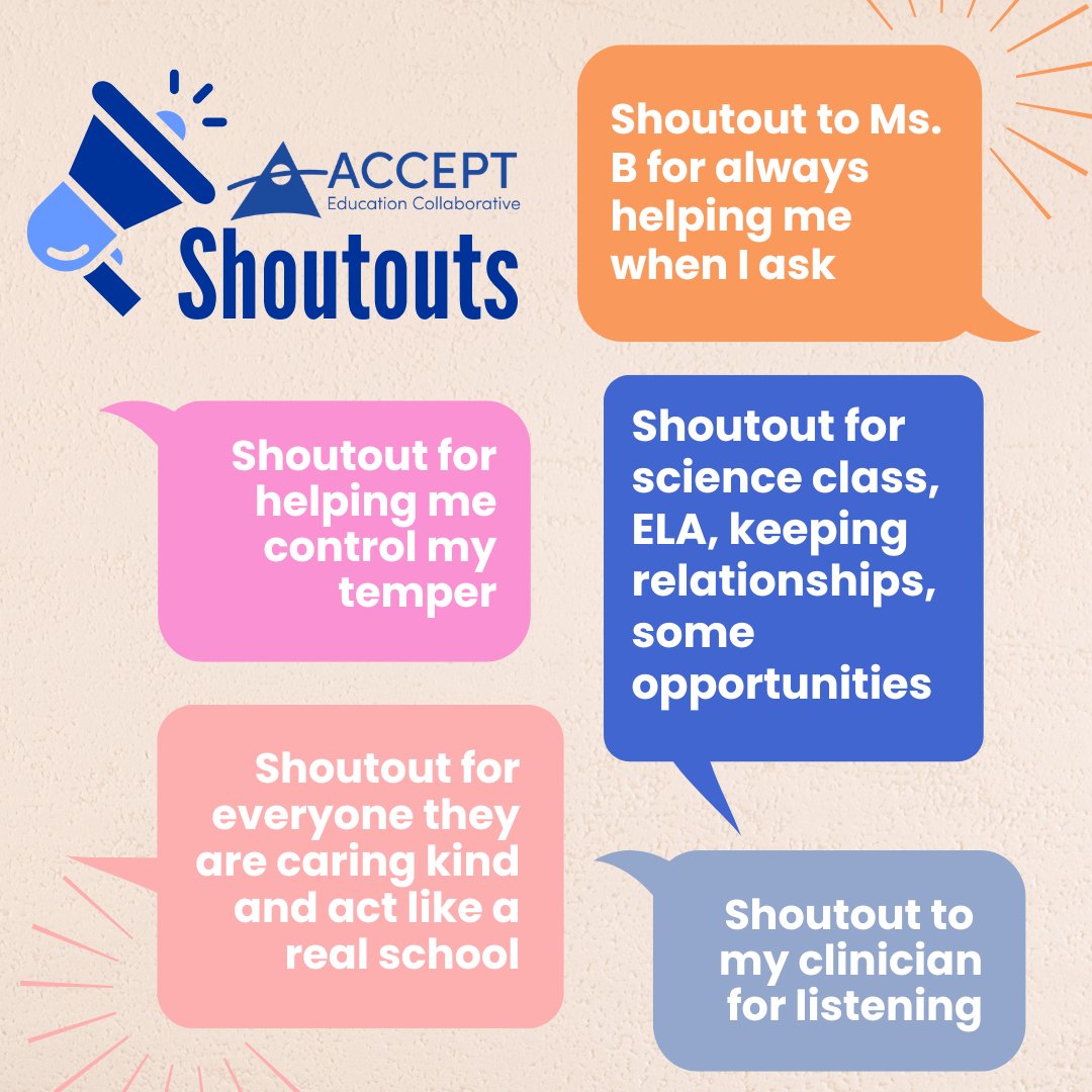 ACCEPTeducation's tweet photo. At ACCEPT, we believe everyone deserves to be seen, heard, and appreciated. That’s why shoutouts are a part of every program we run.

Shoutouts give both students and staff the chance to recognize the positive moments that happen every day in our classrooms. https://t.co/lFvacQYTt6