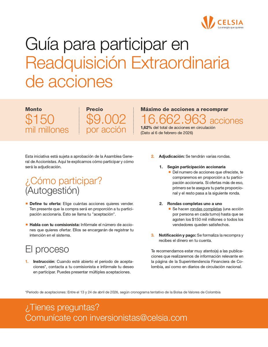 Celsia_Energia's tweet photo. Mañana es nuestra #AsambleaCelsia2026 y llevaremos para aprobación de nuestros accionistas, una readquisición de acciones extraordinaria hasta por $150 mil millones que se llevaría a cabo en abril de este año.

Te la contamos en esta guía rápida. Consúltala y cuéntanos si tienes dudas. Te leemos en los comentarios.