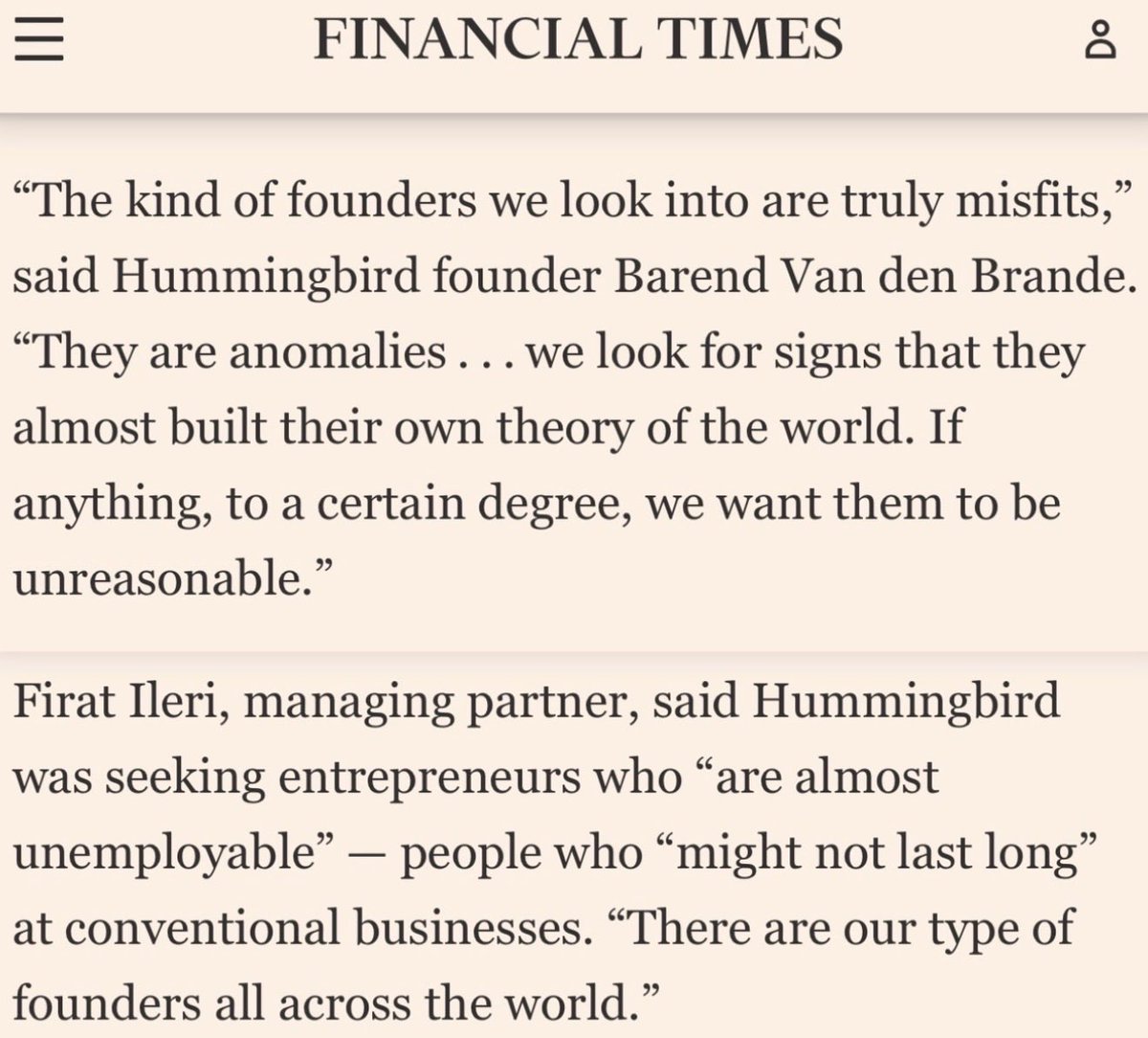 davmiranda's tweet photo. La tesis del fondo de early-stage Hummingbird (🇧🇪), inversor en Lovable, Kraken o Revolut, para invertir en marginados.

“El tipo de fundadores que buscamos son verdaderos inadaptados.”

“Son anomalías… buscamos síntomas de que prácticamente construyeron su propia teoría del mundo. En todo caso, hasta cierto punto, queremos que sean irrazonables”

“[Buscamos emprendedores] que sean prácticamente inempleables, [que] no puedan durar mucho en empresas convencionales”

“Nuestro tipo de fundadores existe en todo el mundo”