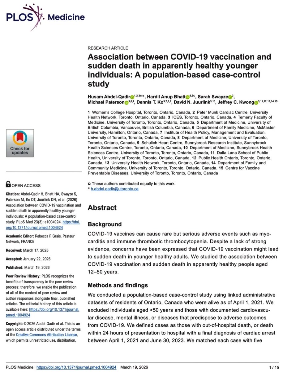 joseramosvivas's tweet photo. 📢 ¡NUEVA EVIDENCIA CIENTÍFICA! 
​¿Existe relación entre la vacuna contra la #COVID19 y la muerte súbita en jóvenes sanos? 🤔 
Un masivo estudio de casos y controles en Ontario, Canadá 🇨🇦, acaba de publicar sus resultados en PLOS Medicine.
​Aquí te lo resumo 👇
​📊  Analizaron a más de 6.3 millones de personas entre 12 y 50 años sin patologías previas graves entre 2021 y 2023. 👥
​✅ La investigación concluye que NO existe asociación entre recibir la vacuna contra el COVID-19 y un aumento en el riesgo de muerte súbita. 📉❌
​🛡️ Los datos no respaldan la hipótesis de que las vacunas incrementen el riesgo de muerte cardíaca súbita en adultos jóvenes y sanos. 
Podéis estar tranquilos, incluso si sois negacionistas !🩺💉
​#Ciencia #SaludPública #Vacunas #COVID19 #Medicina #EvidenciaCientífica #MuerteSúbita #Investigación #Ontario #Salud
​🔗 👇 https://t.co/kjWas8Hl4O