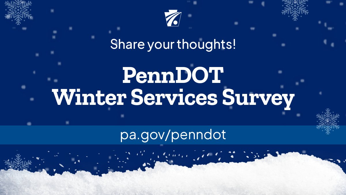 PennDOTNews's tweet photo. Can you spare a few minutes? We want to hear your feedback on our winter services!
Take our survey at https://t.co/Co62ZzGoWU 4/14.
#PAWinter https://t.co/lqI1itrLR5