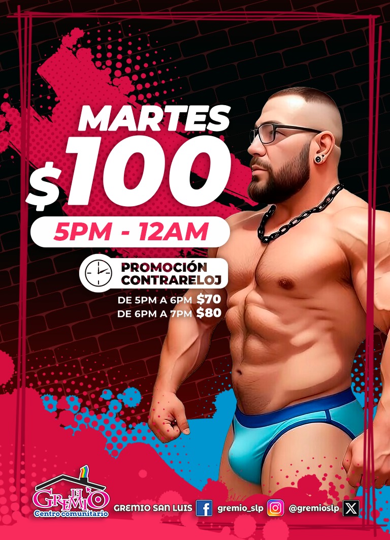 gremioslp's tweet photo. ¿Buscas un plan emocionante para este martes? ¡No te pierdas @gremioslp y su #martesdePromo! Es un espacio exclusivo para hombres gay y bisexuales con tres niveles de diversión. 🎊
* Solo adultos
Promo de hoy 5 PM a 6: 59 PM
#CrusingSLP #gayslp https://t.co/EbOVjbIag5
