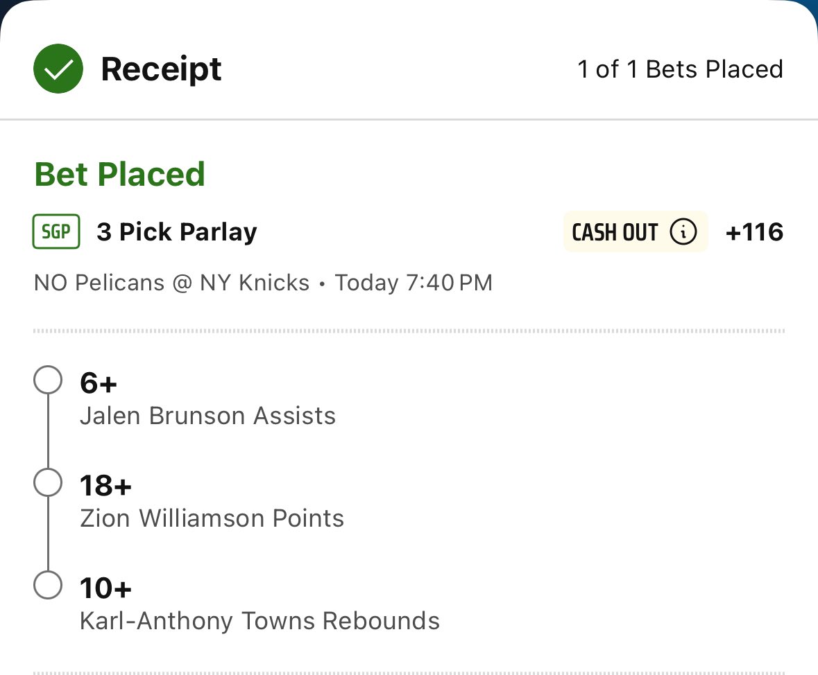 TheBettingM's tweet photo. 💰 FREE Bankroll Builder Parlay 💰

🏀 NBA Player Prop Builder — Knicks vs Pelicans

✅ Brunson 6+ AST
✅ Zion 18+ PTS
✅ KAT 10+ REB

📈 Odds: +116 | Risk: 0.25 Units

Clean alt-lines builder for a plus-money cash tonight 🔥

🔗 Full card + early access in the Discord — link in bio (FREE w/ LAUNCH100)

#NBA #PlayerProps #NBASGP #SportsBetting #GamblingX #BettingTwitter