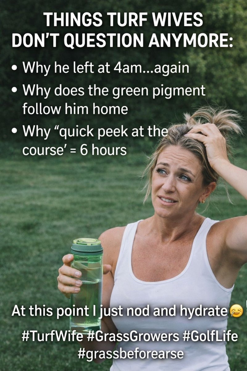 turfwidowwife's tweet image. Things turf wives don’t question anymore:
• 17 grass-stained shoes
• “Quick peek” = 6 hrs
• Weather app = our mood
• WTF is a nematode
I just check wind direction now 💅🌪️
#TurfWife #GrassGrowers #GolfLife
@turffboy67 @RHCCagronomy