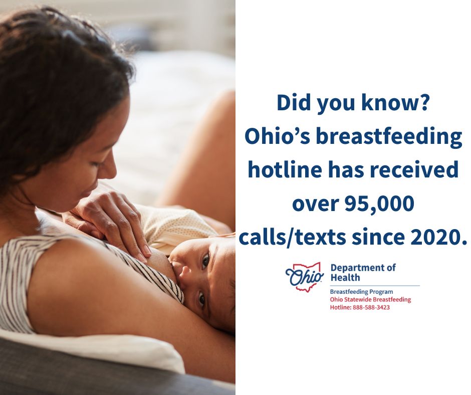 Operated by trained lactation professionals, Ohio's Breastfeeding Hotline is free and open 24/7 for breastfeeding questions and concerns. To reach the hotline, call (888) 588-3423 or text BFHOTLINE to (220) 201-5477.